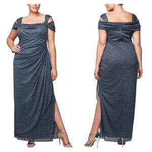 Alex Evenings Cold Shoulder Ruffle Glitter Chiffon Gown Smoke Grey Size 22W